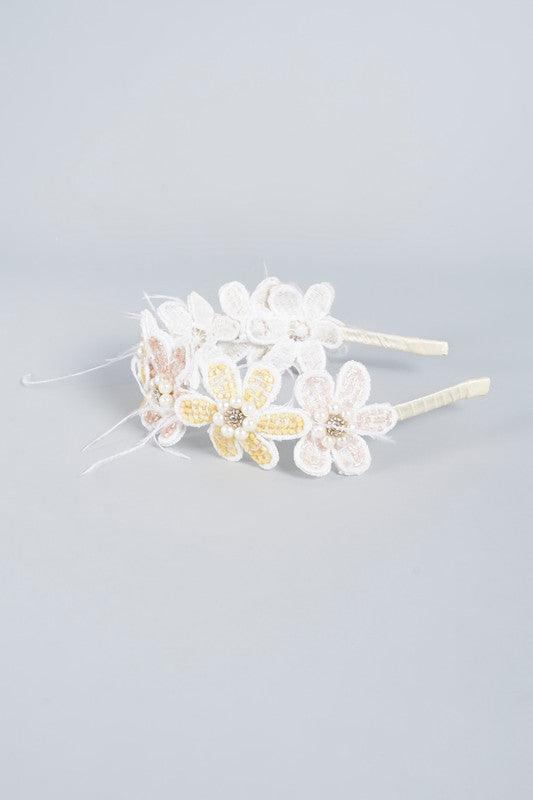 Pastel Floral Lace Hairband for Girls & Kids – Lemon & Crepe with Pearls Choko