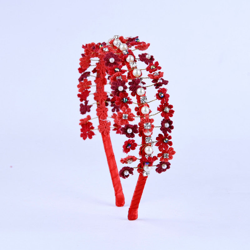Choko Floral Lace Hair Band with Pearl and Rhinestone Adornments Red for Girls