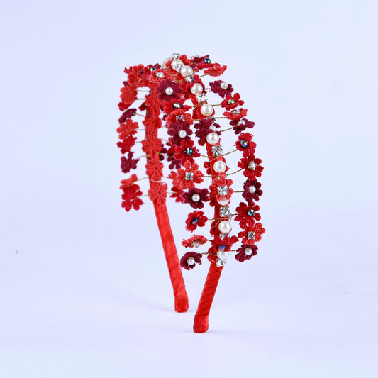 Choko Floral Lace Hair Band with Pearl and Rhinestone Adornments Red for Girls