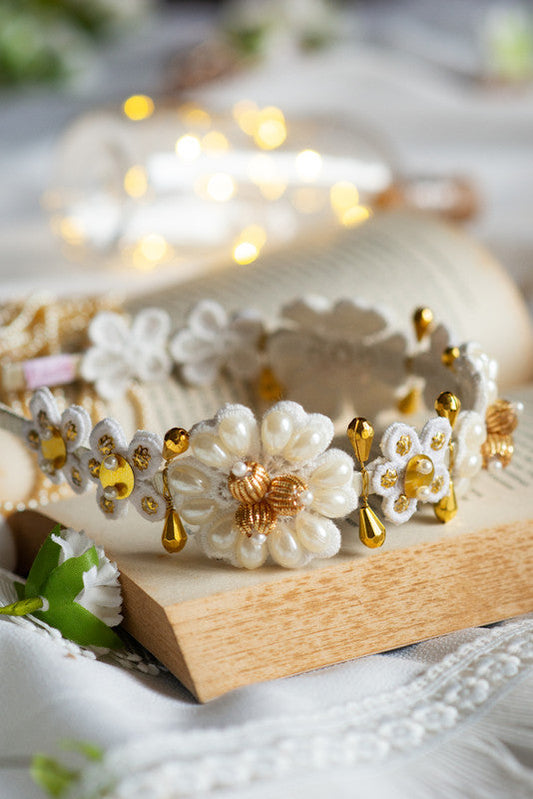 White & Gold Pearl Hairband for Girls & Kids – Floral Accents Choko