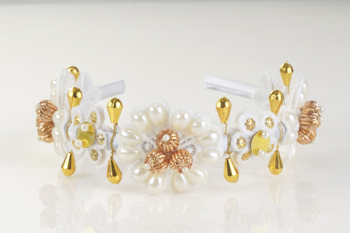 White & Gold Pearl Hairband for Girls & Kids – Floral Accents Choko