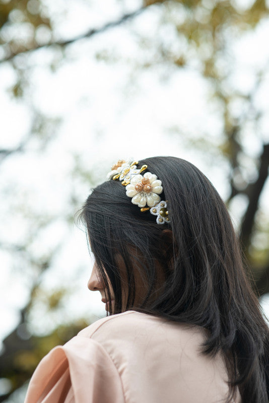 White & Gold Pearl Hairband for Girls & Kids – Floral Accents Choko
