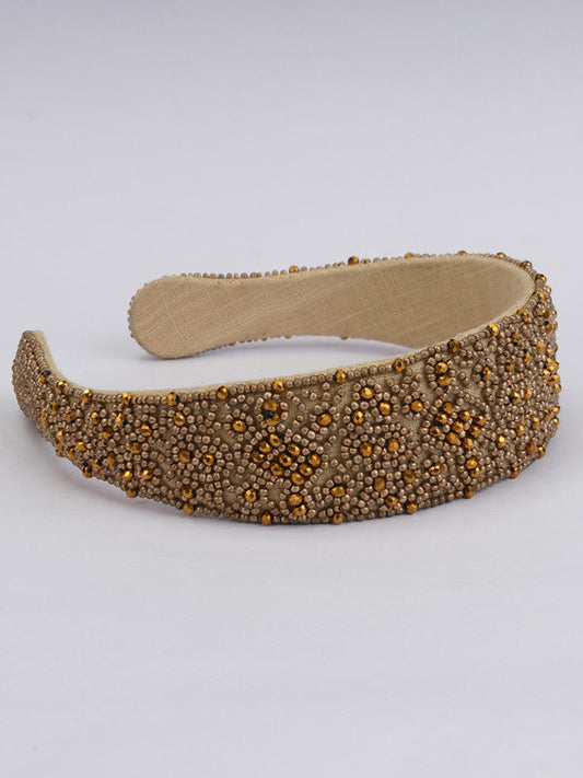 Golden Gleam Beadwork Hairband for Girls & Kids – Brown Satin Accent Choko