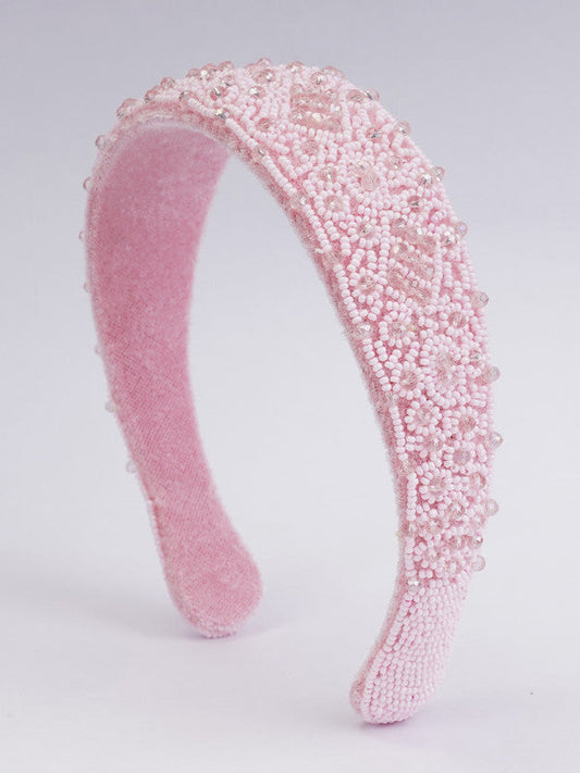 Baby Pink Satin Base Hairband for Girls & Kids – Off-White Crystal Beads & Pearls Choko