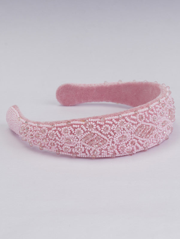 Baby Pink Satin Base Hairband for Girls & Kids – Off-White Crystal Beads & Pearls Choko