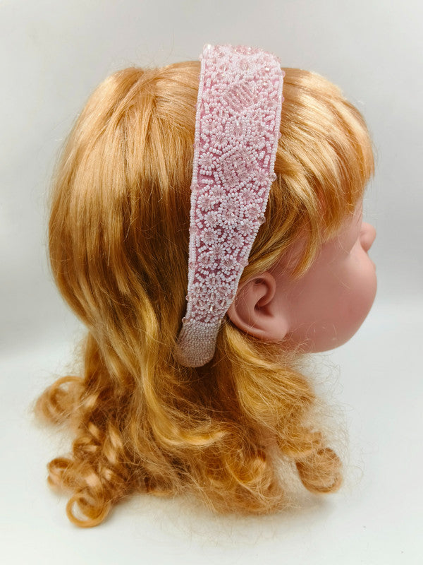 Baby Pink Satin Base Hairband for Girls & Kids – Off-White Crystal Beads & Pearls Choko