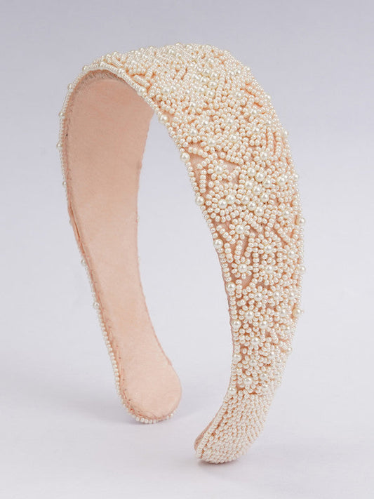 Creamy Elegance Hair Band for Girls & Kids – Soft Satin & Delicate Beadwork (Cream/White) Choko
