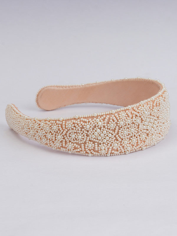 Creamy Elegance Hair Band for Girls & Kids – Soft Satin & Delicate Beadwork (Cream/White) Choko