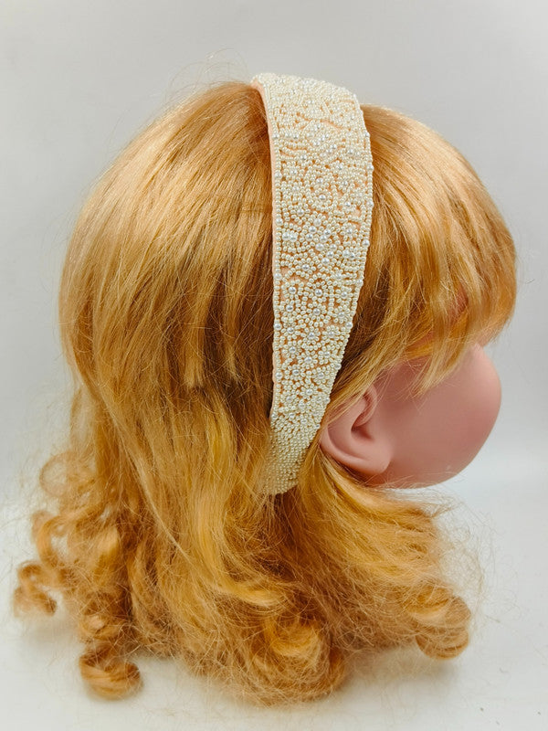 Creamy Elegance Hair Band for Girls & Kids – Soft Satin & Delicate Beadwork (Cream/White) Choko
