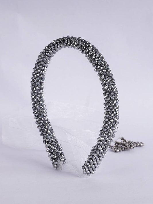 Choko - Silver Serenity Beaded Hairband - Adjustable Tie and Lace - Silver, White