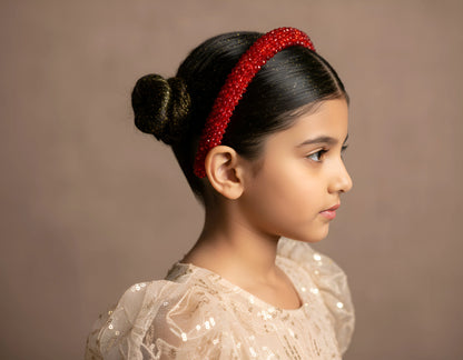 Choko Girls Red Thick Beaded Hairband - Padded Crystal Embellished Headband - Choko