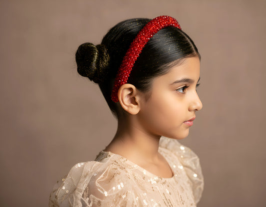 Choko Girls Red Thick Beaded Hairband - Padded Crystal Embellished Headband - Choko