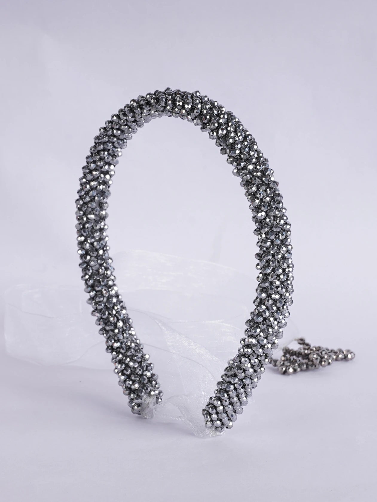 Choko Silver Serenity Beaded Hairband Adjustable Tie and Lace for Girls — Silver, White - Choko