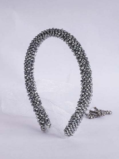 Choko Silver Serenity Beaded Hairband Adjustable Tie and Lace for Girls — Silver, White - Choko