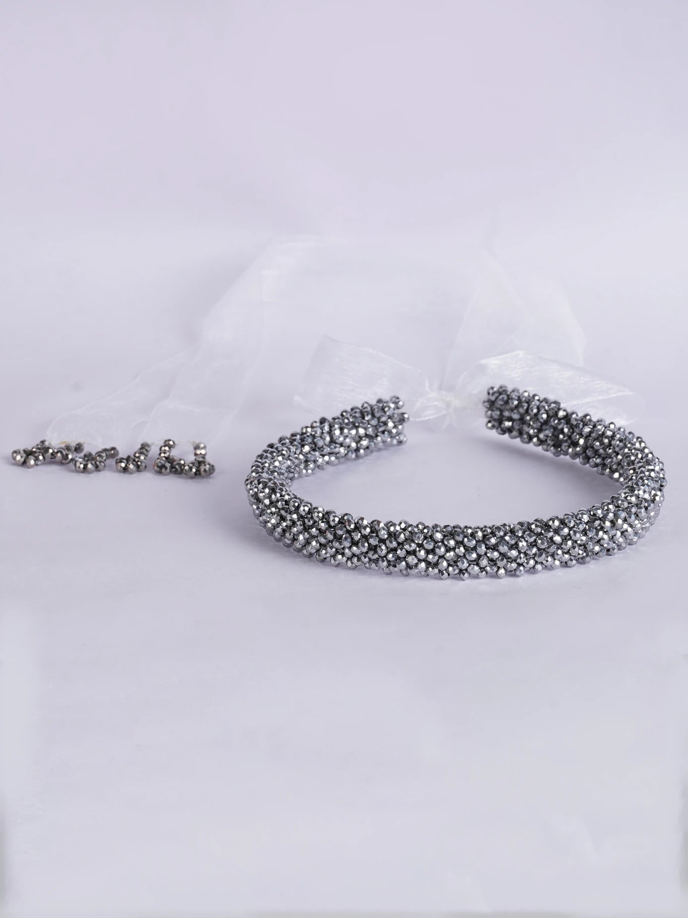 Choko Silver Serenity Beaded Hairband Adjustable Tie and Lace for Girls — Silver, White - Choko