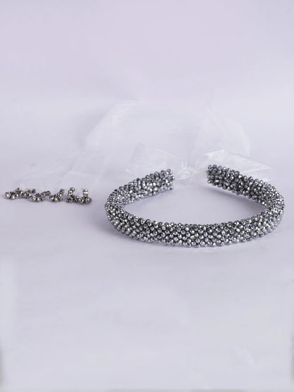 Choko Silver Serenity Beaded Hairband Adjustable Tie and Lace for Girls — Silver, White - Choko
