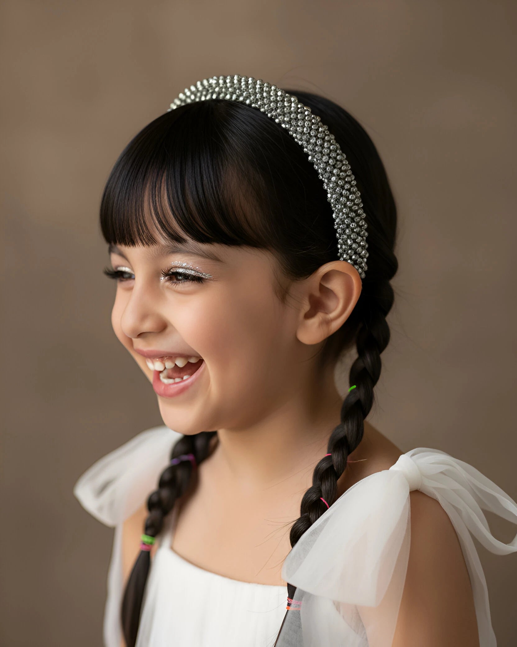 Choko Silver Serenity Beaded Hairband Adjustable Tie and Lace for Girls — Silver, White - Choko