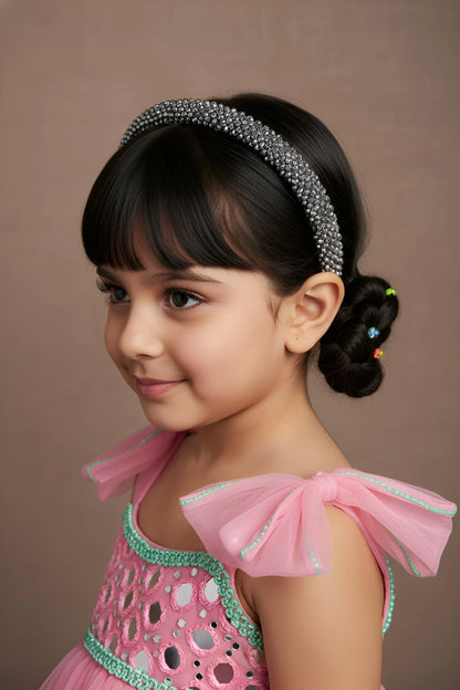 Choko Silver Serenity Beaded Hairband Adjustable Tie and Lace for Girls — Silver, White - Choko