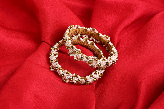 Pair of 2 Beaded Bangles for Babies & Girls – Ivory Cream & Gold
