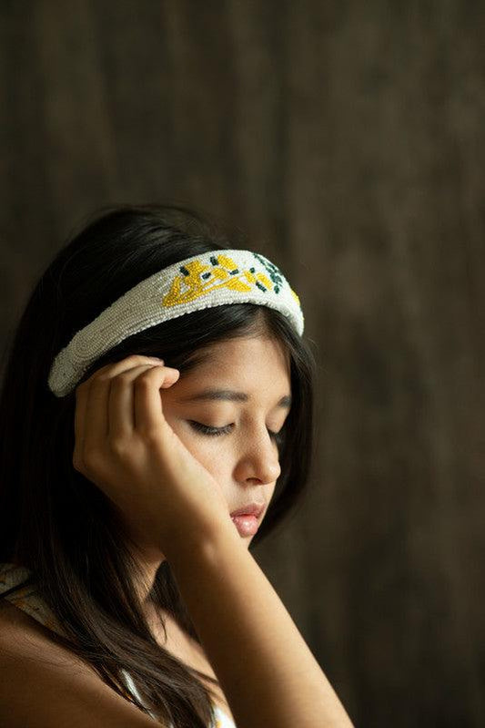Beaded Floral Accent Hairband for Girls & Kids – White & Yellow Choko