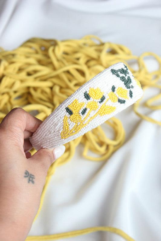 Beaded Floral Accent Hairband for Girls & Kids – White & Yellow Choko