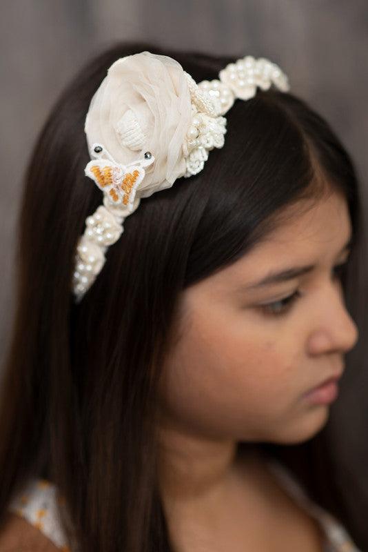 Pearl Princess Floral Hair Band for Girls & Kids – Organza & Lace Mix Choko