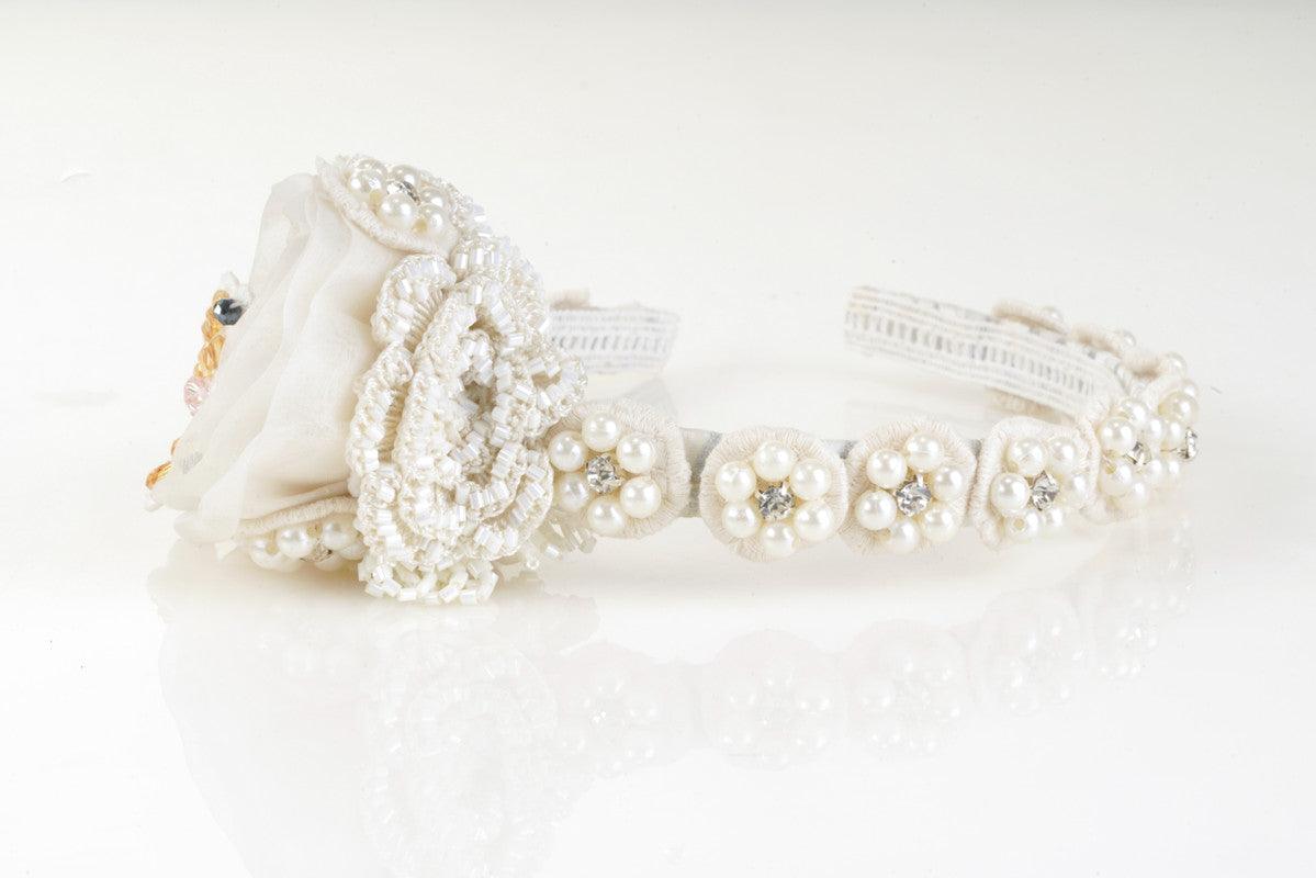 Pearl Princess Floral Hair Band for Girls & Kids – Organza & Lace Mix Choko