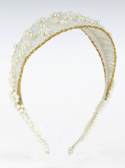 Weaved & Thread Beaded Hair Band for Girls & Kids – White Minimalist Pearls Choko
