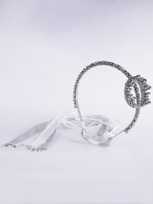 Choko Girls’ Tiara Hairband – Silver Crystal Beads & White Ribbon