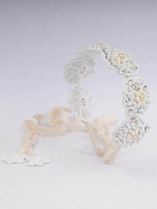 Lace Poppy Hairband for Girls & Kids - White Petals & Pearl Bow Choko