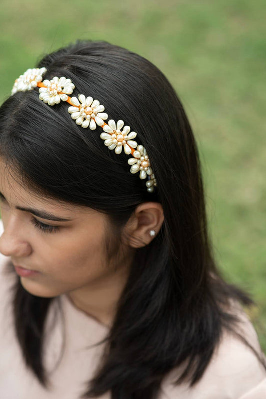 Pearl Florets Hairband - Orange, Off White