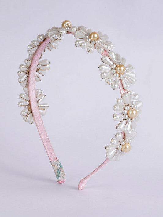 Beads & Pearl Hairband for Girls & Kids – Baby Pink & Off-White Floral Accents Choko