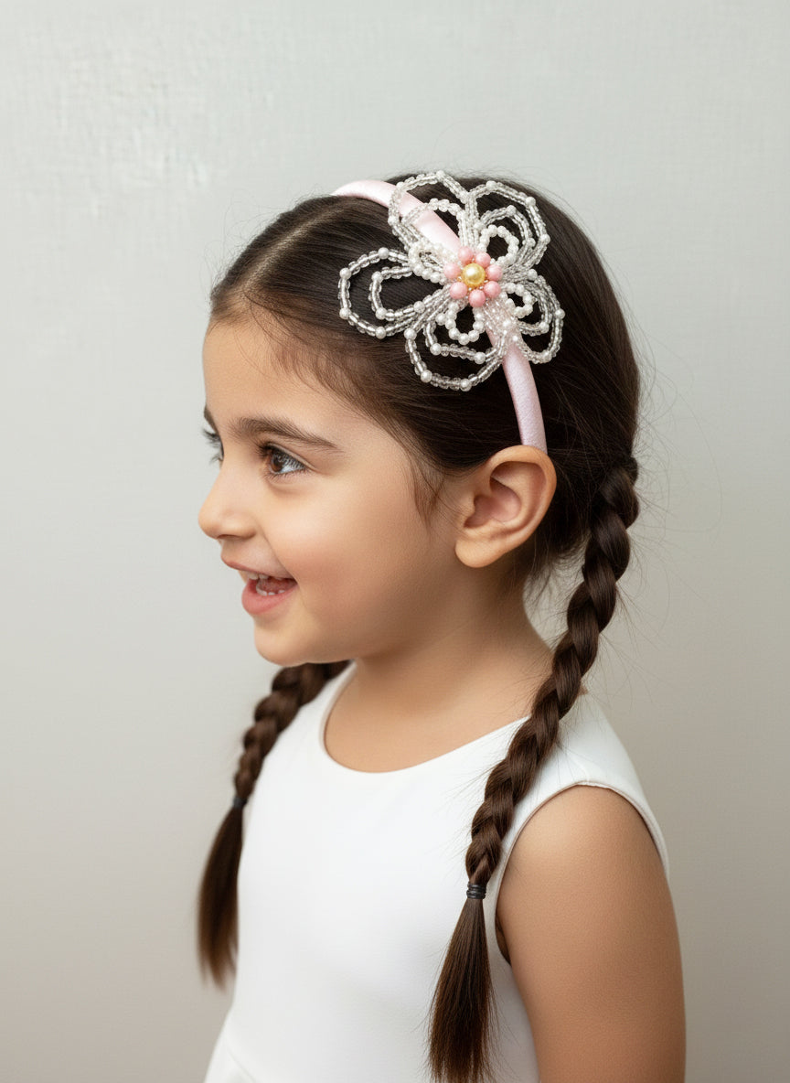 Choko Girls' Pink Blossom Headband - Beaded Flower & Pearl Accents - Choko