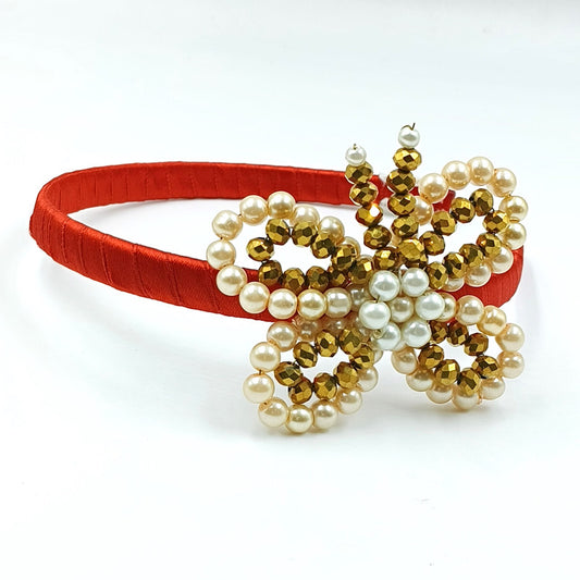 Butterfly Kids Hairband for Girls - Red Satin & Tricolor Pearls