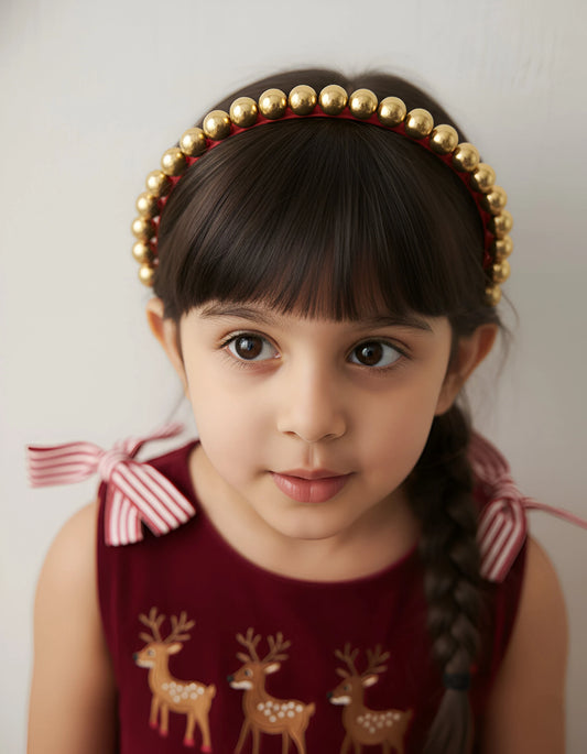 Golden Beads & Red Lace Hairband for Girls - Festive Handmade Flair - Choko