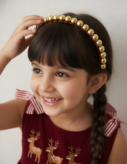 Golden Beads & Red Lace Hairband for Girls - Festive Handmade Flair - Choko