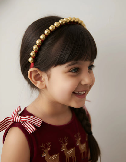 Golden Beads & Red Lace Hairband for Girls - Festive Handmade Flair - Choko