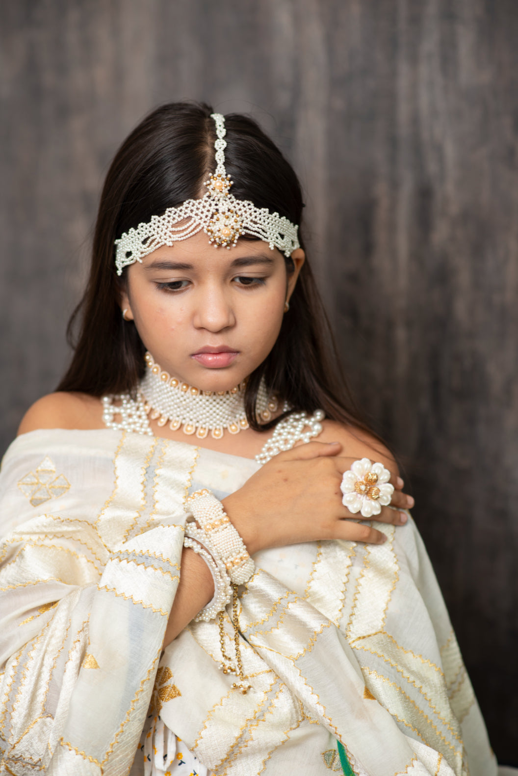 Choko Beaded Jewellery Set - Mathapatti, Necklace, Choker, Bracelet, Bangles and Ring - Off White - Choko