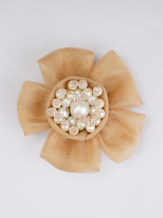 Floral Pearl Hair Clip for Girls & Kids - Light Brown Satin & Crystal Beads