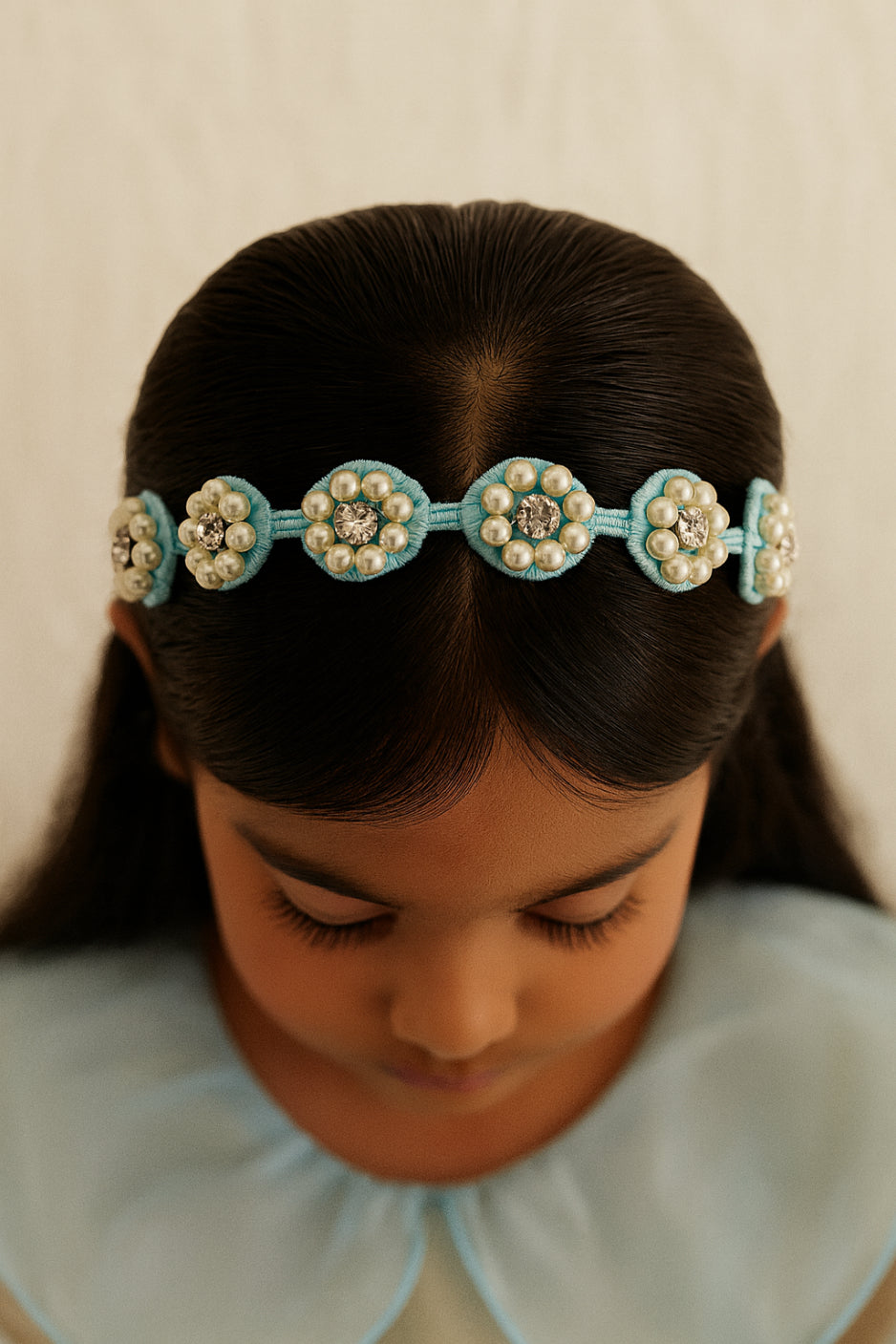 Choko Beaded Floral Pearl Hairband for Girls — Blue - Choko