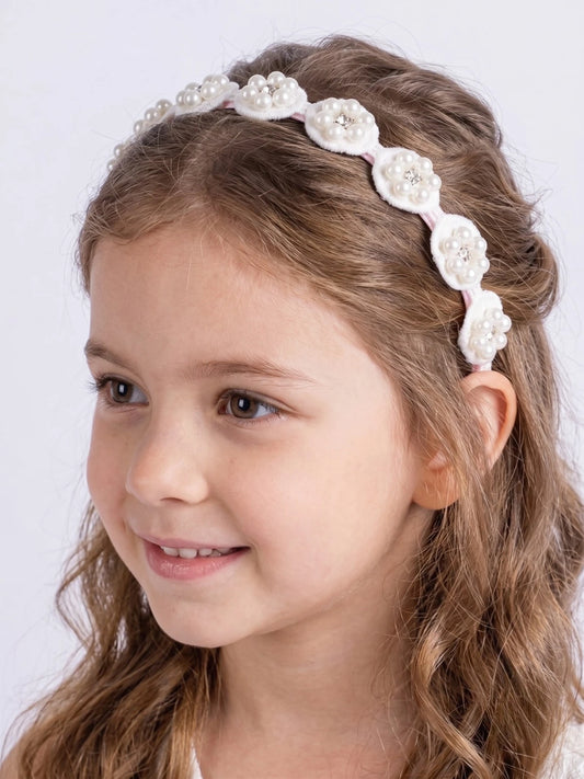 Choko Graceful Blooms Satin Floral Hairband Pearls and Lace (White, Pink) | Cute Hairband for Girls - Choko