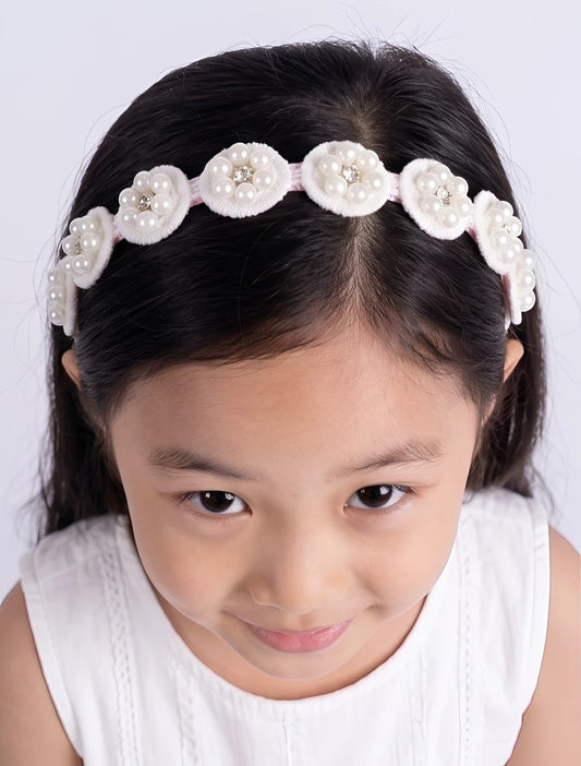 Choko Graceful Blooms Satin Floral Hairband Pearls and Lace (White, Pink) | Cute Hairband for Girls - Choko
