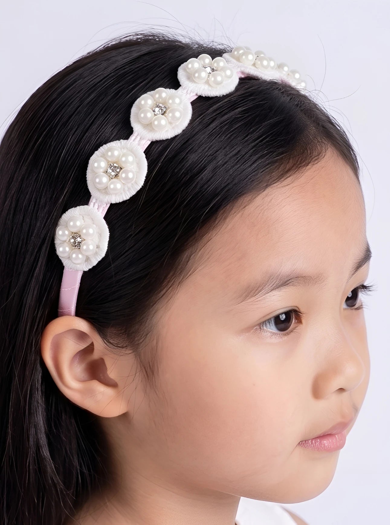 Choko Graceful Blooms Satin Floral Hairband Pearls and Lace (White, Pink) | Cute Hairband for Girls - Choko