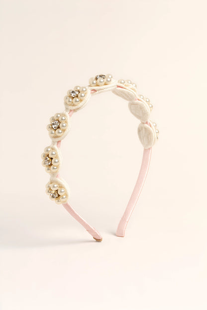 Choko Graceful Blooms Satin Floral Hairband Pearls and Lace (White, Pink) | Cute Hairband for Girls - Choko