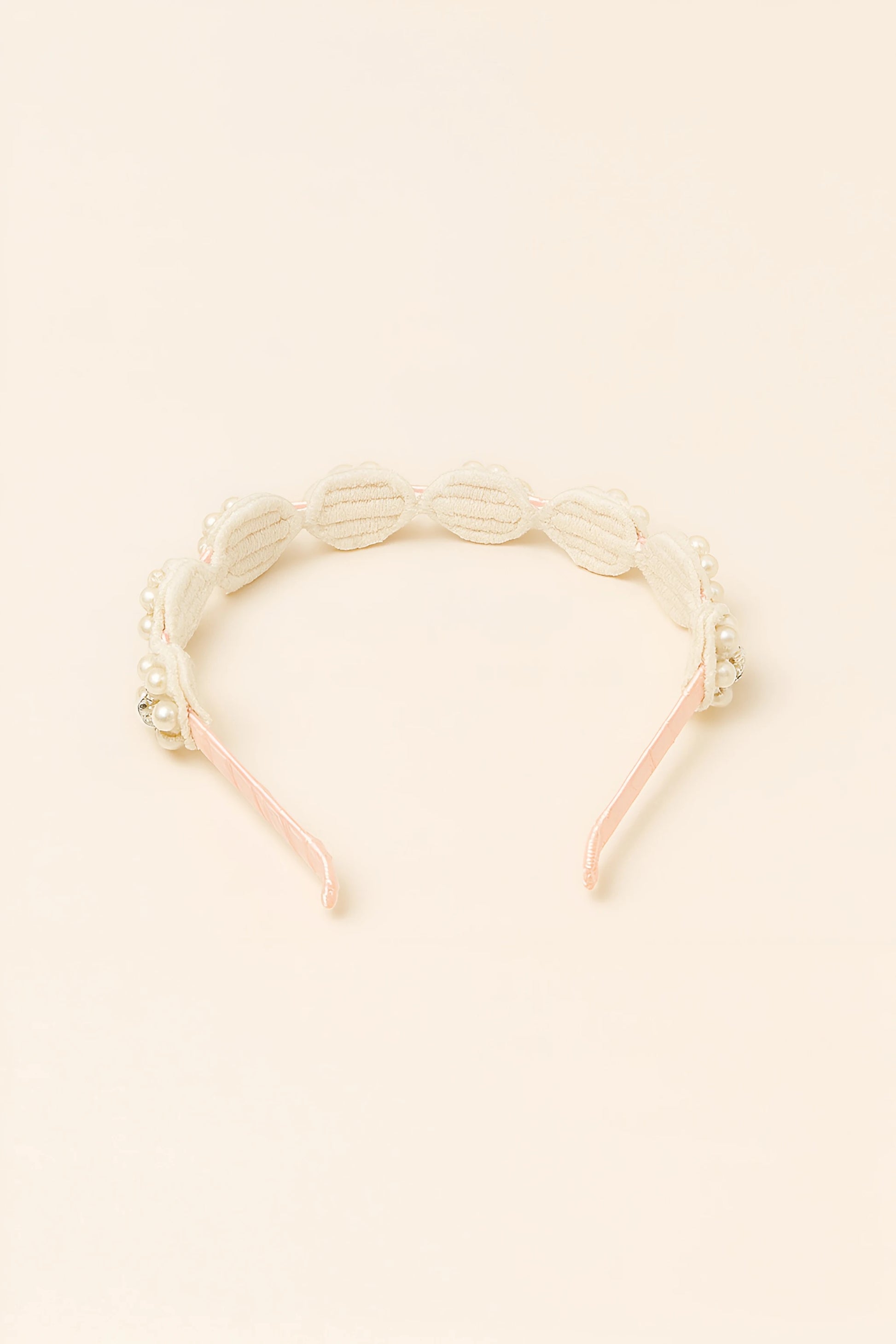 Choko Graceful Blooms Satin Floral Hairband Pearls and Lace (White, Pink) | Cute Hairband for Girls - Choko