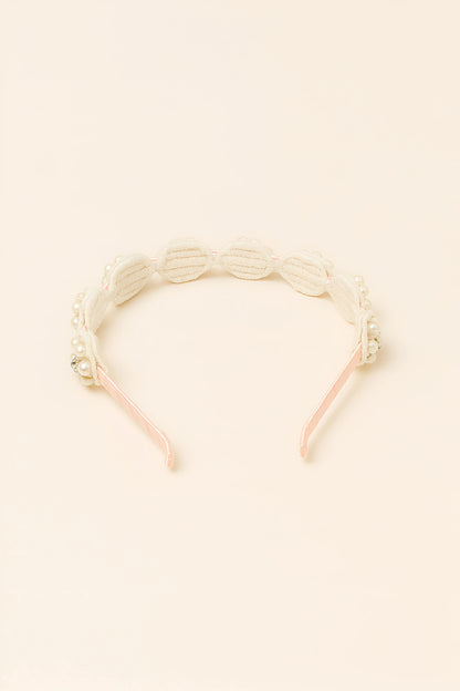 Choko Graceful Blooms Satin Floral Hairband Pearls and Lace (White, Pink) | Cute Hairband for Girls - Choko