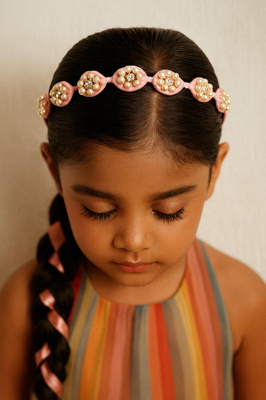 Choko Beaded Floral Pearl Hairband for Girls - Light Pink - Choko