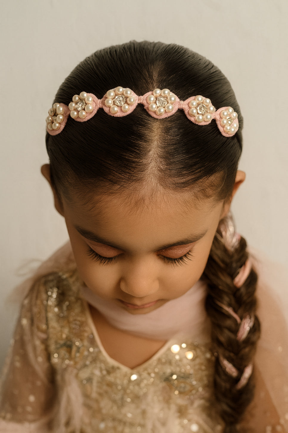 Choko Beaded Floral Pearl Hairband for Girls - Light Pink - Choko