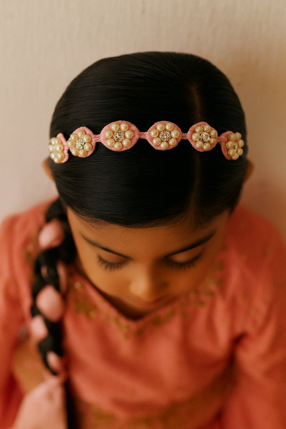 Choko Beaded Floral Pearl Hairband for Girls - Light Pink - Choko