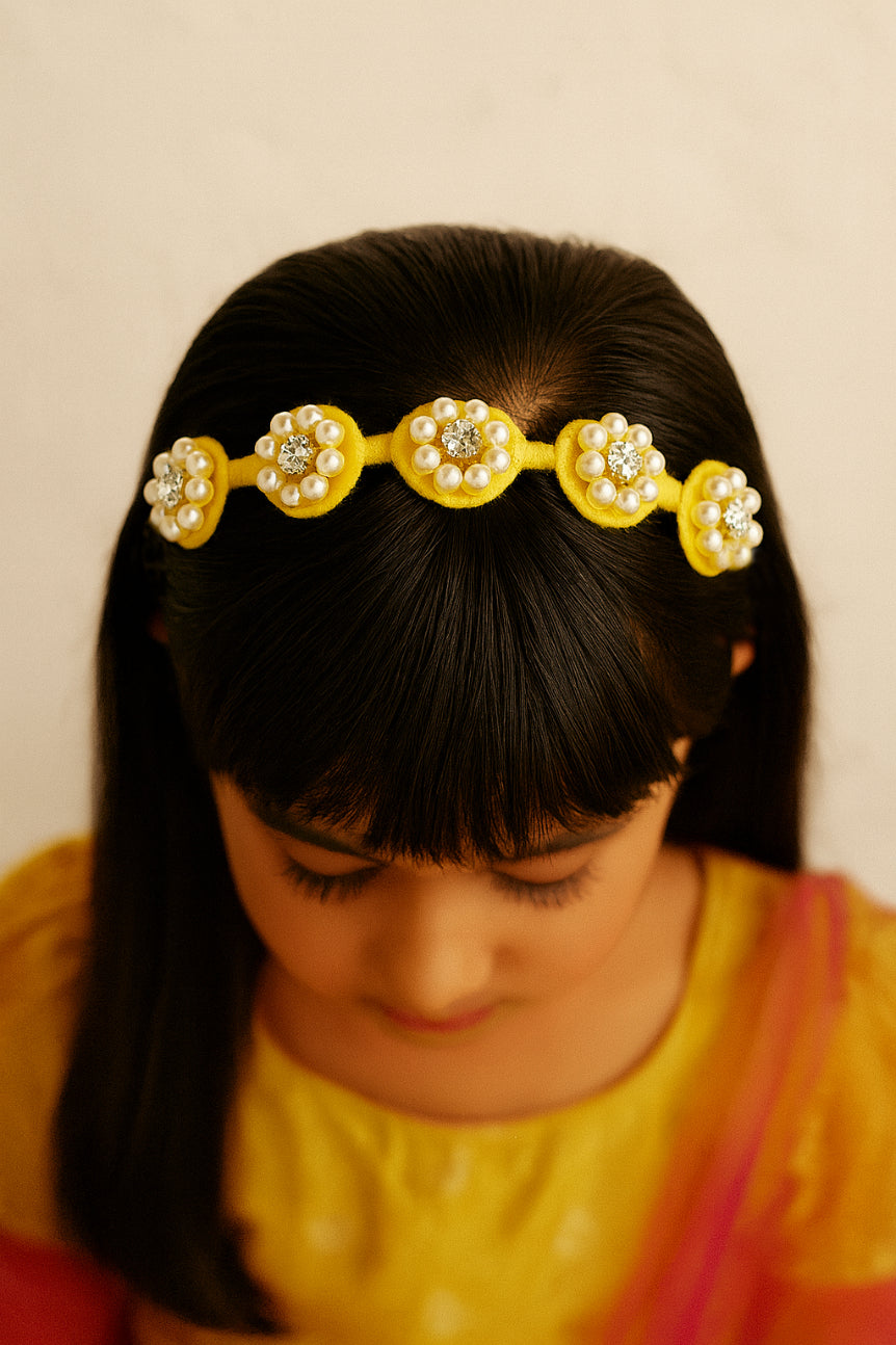 Choko Beaded Floral Pearl Hairband for Girls — Yellow - Choko